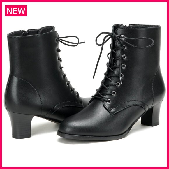 Lace-Up Ankle Boots with Side Zipper Mid Block Heel for Everyday Wear